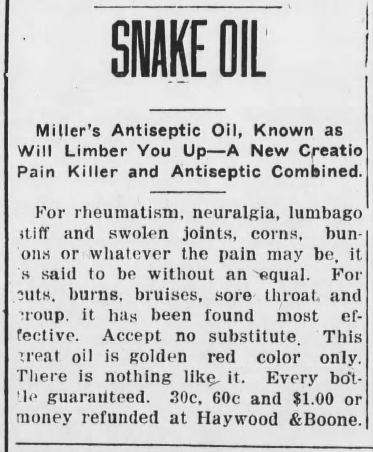 Miller's "Snake Oil" Ad (1918)