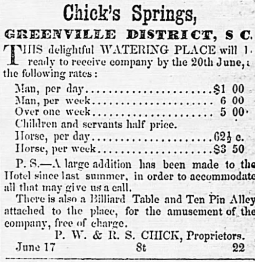 Chick Springs Ad 4 Aug 1852 Edgefield Advertiser