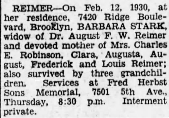 Barbara Stark Reimer death notice; Mrs Charles E Robinson