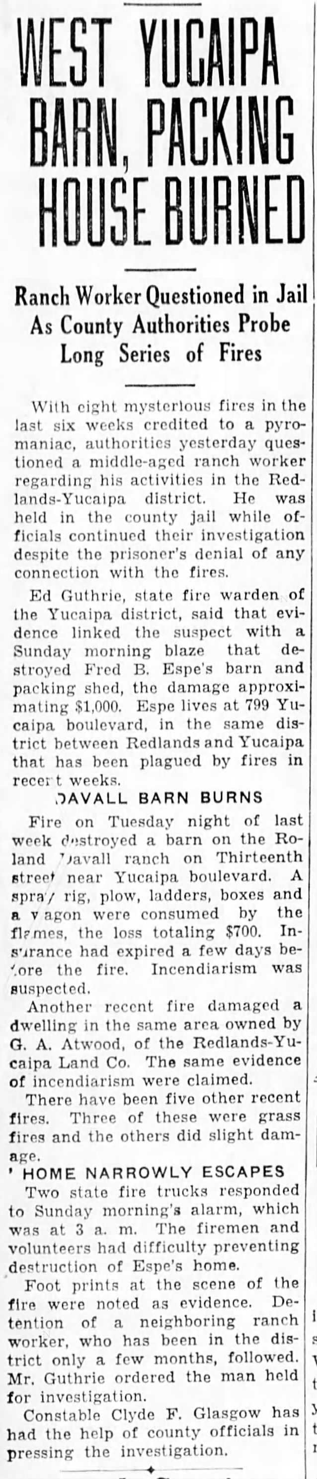 1935-9-4 West Yucaipa Barn Packing House Burned
