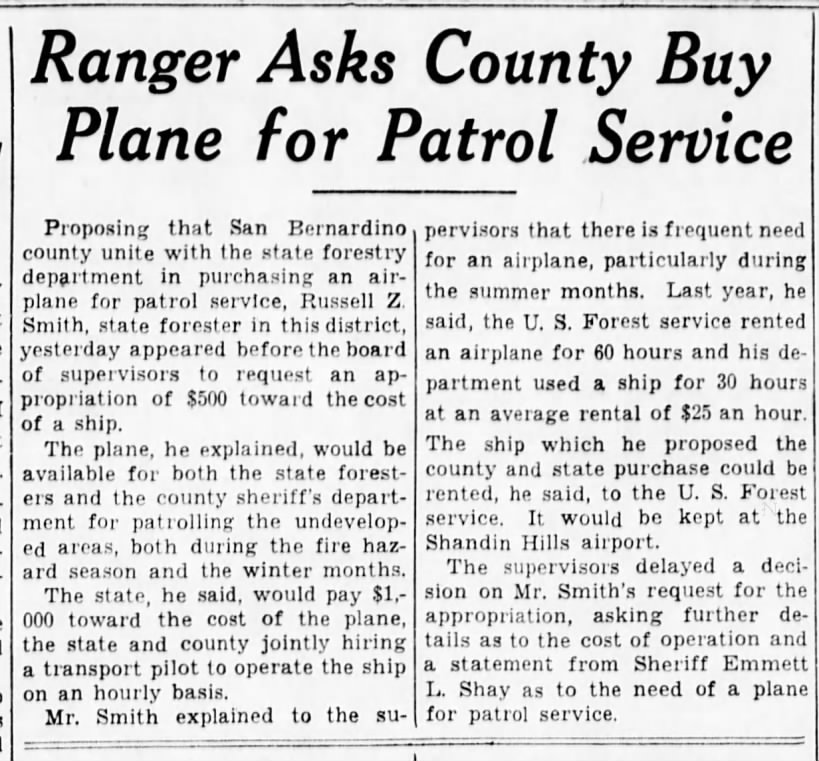 1937-8-24 Ranger Asks County Buy Plane for Patrol Service