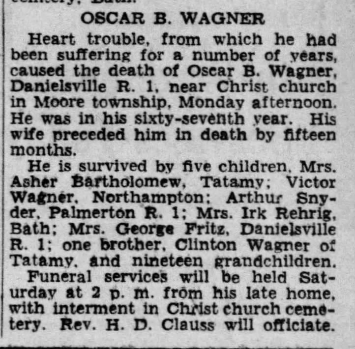 Oscar B Wagner Obituary