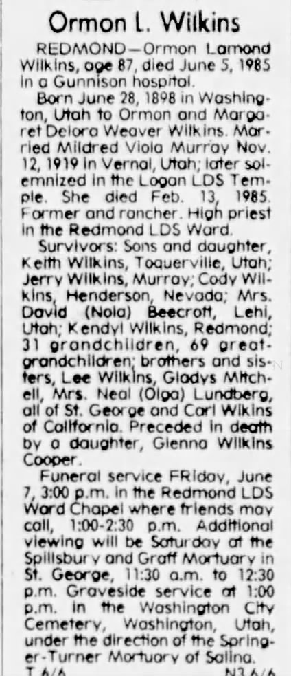 Obituary for Ormon Lomond Wilkins, 1898-1985 (Aged 67)