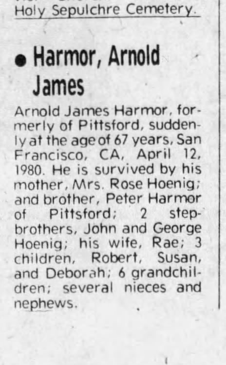 Arnold James Harmor Obit 1980