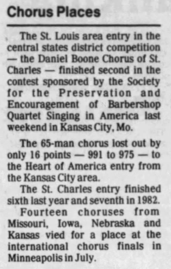 Chorus Places. October 23, 1984. St. Louis Post-Dispatch. Page 3SC.