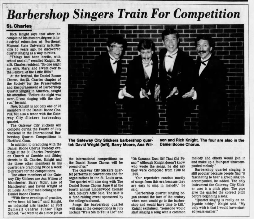 Barbershop Singers Train For Competition. May 28, 1987. St. Louis Post-Dispatch. Page 3SC.