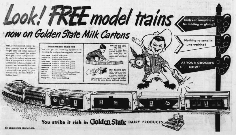 Golden State Milk -- model train cars on milk cartons