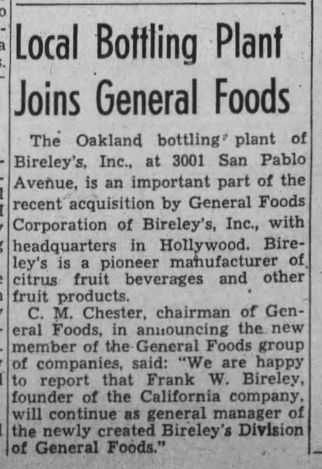 Bireley's acquired by General Foods