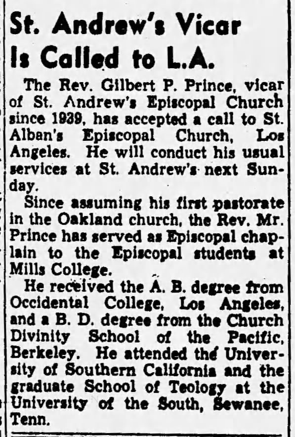 St. Andrew's Episcopal - Rev. Gilbert P. Prince called to LA