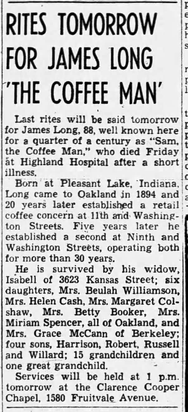Obituary for James H. Long, "Long the Coffee Man"