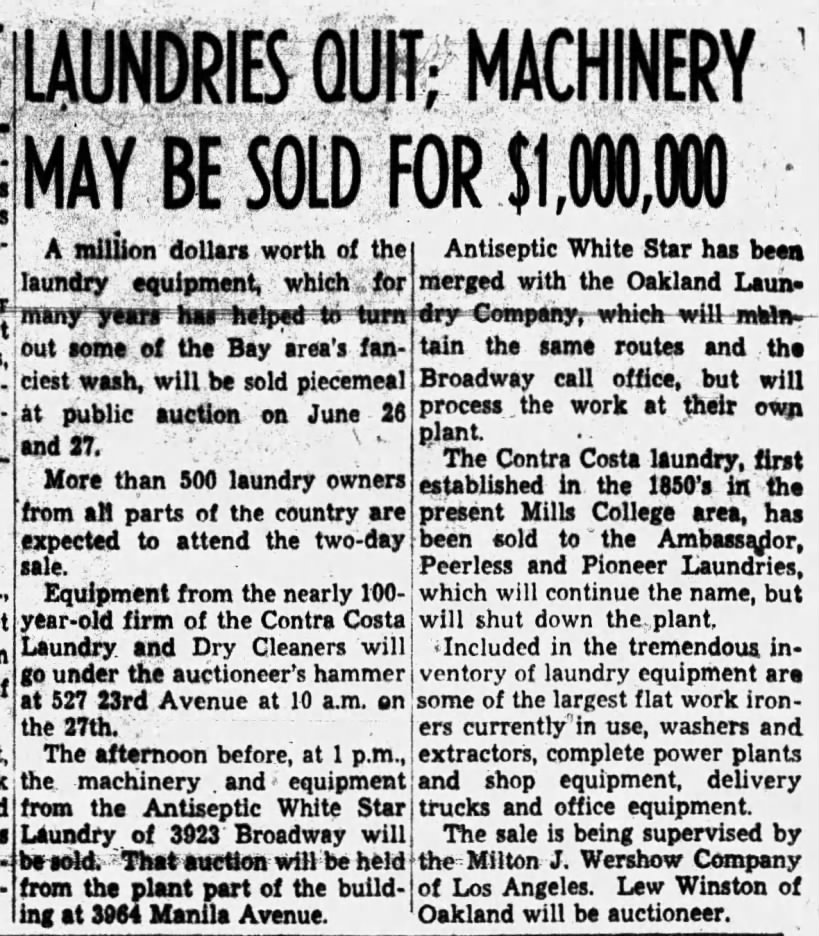 Contra Costa Laundry sold to Ambassador, Peerless and Pioneer Laundries