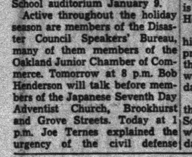 civil defense speakers -- at Japanese Seventh Day Adventist, Brockhurst and Grove (MLK)