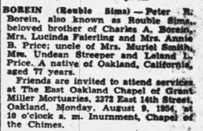 death notice for Peter R. Borein, Jr. (also known as (Rouble Sims)