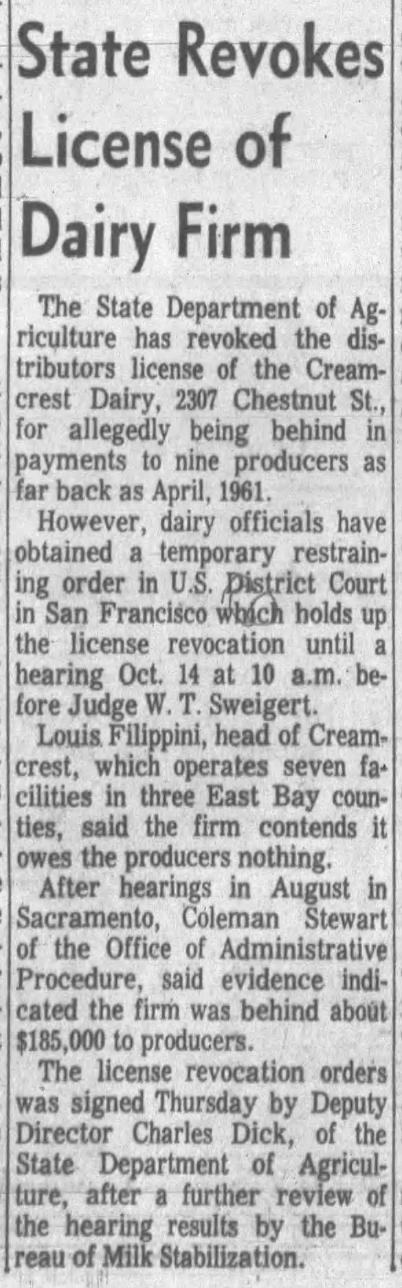 Creamcrest Dairy -- 2307 Chestnut
license revoked. Louis Filippini