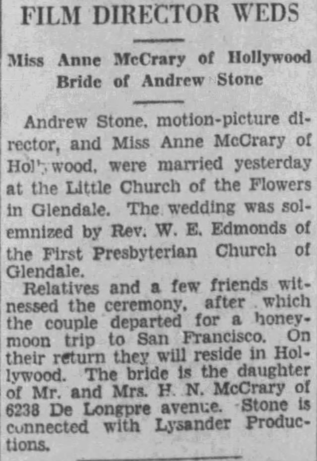 Andrew Stone marries Anne McCrary