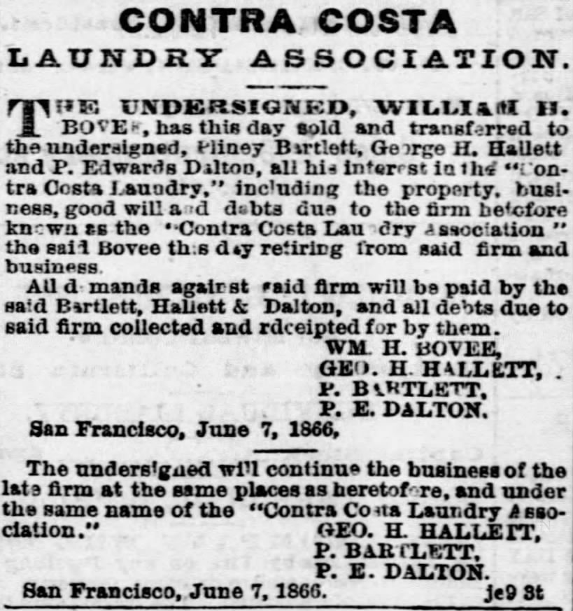 Contra Costa Laundry sold by William H. Bovee to Hallett, Bartlee, and Dalton