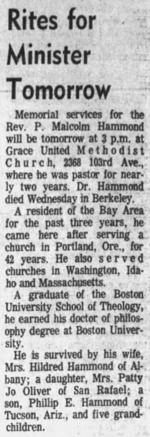 funeral for Rev. P. Malcolm Hammond, former pastor of Grace United Methodist