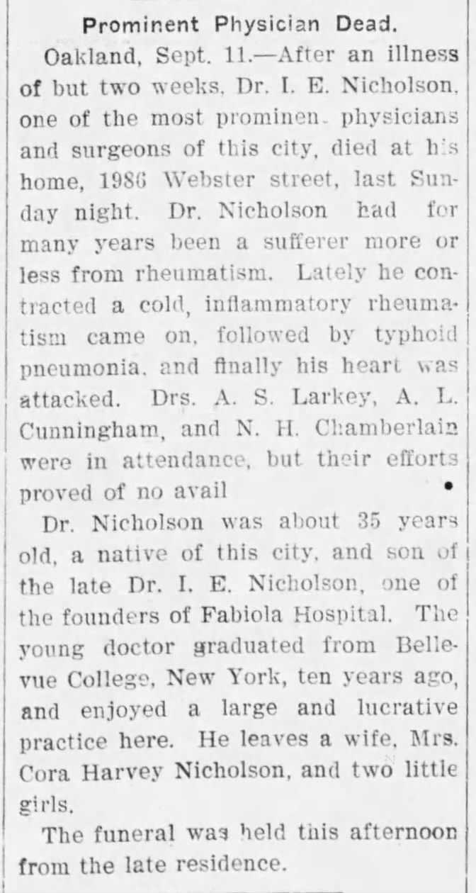 Dr. I.E. Nicholson dies