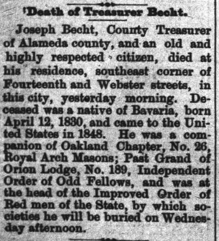 death notice for Joseph Becht, county treasurer