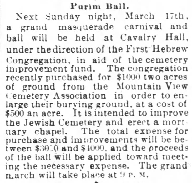 First Hebrew Congregation -- fundraiser to build chapel at cemetery; added 2 acres
