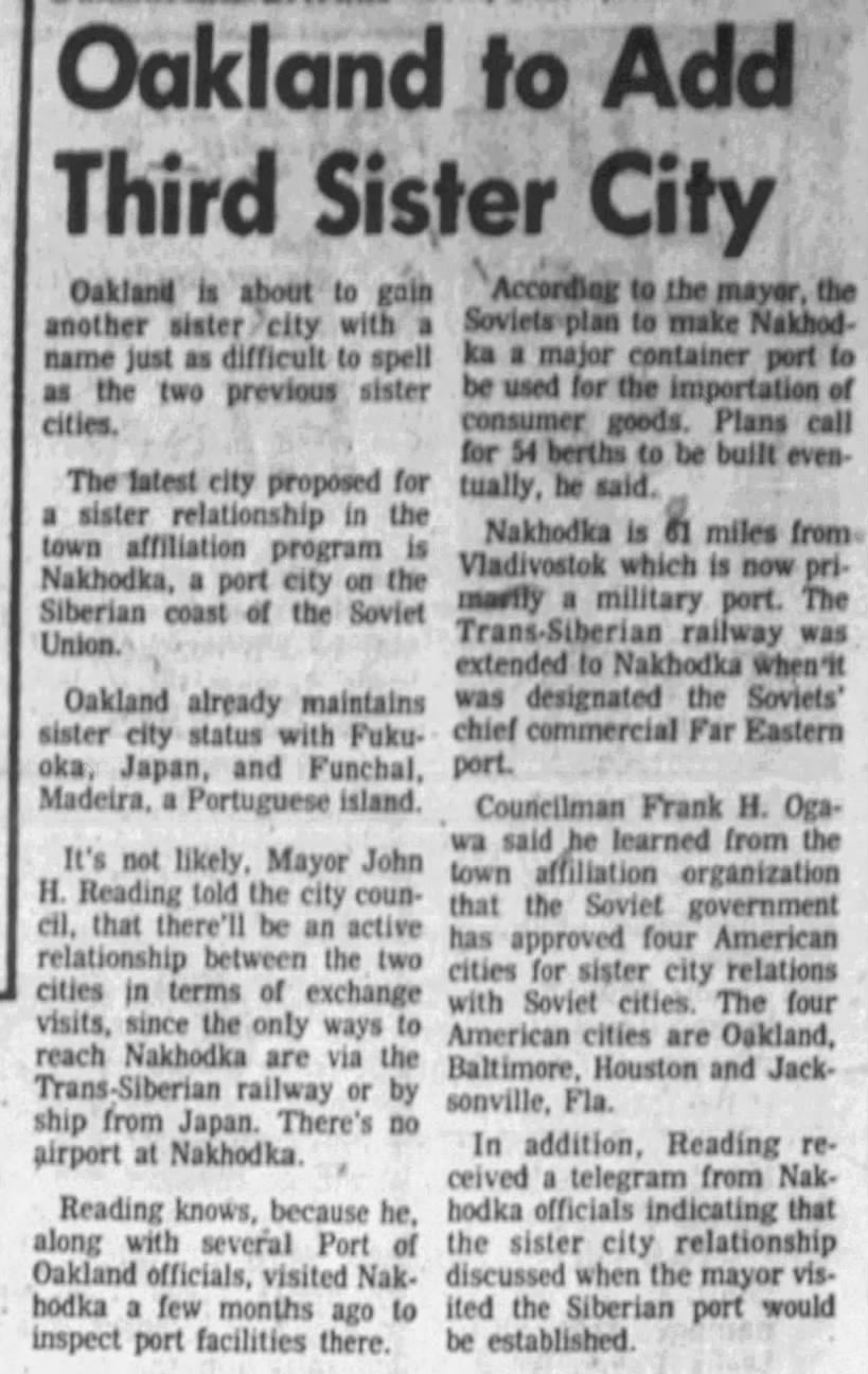 Oakland to add Nakhodka, Siberia as sister city