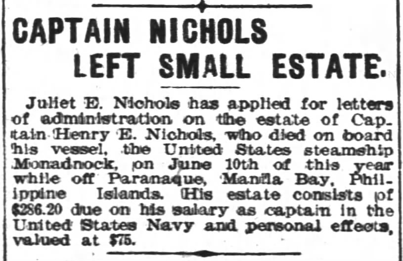 Capt. Henry E. Nichols -- left small estate -- $286.20 + $75