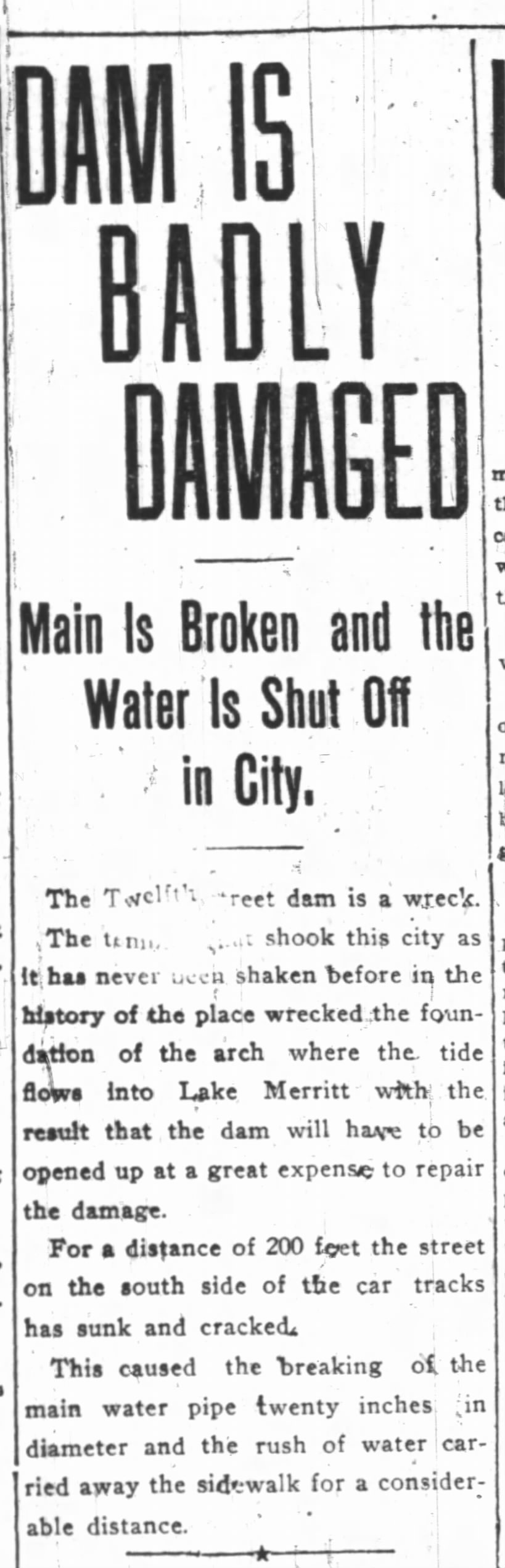 12th St. Dam damaged in 1906 earthquake