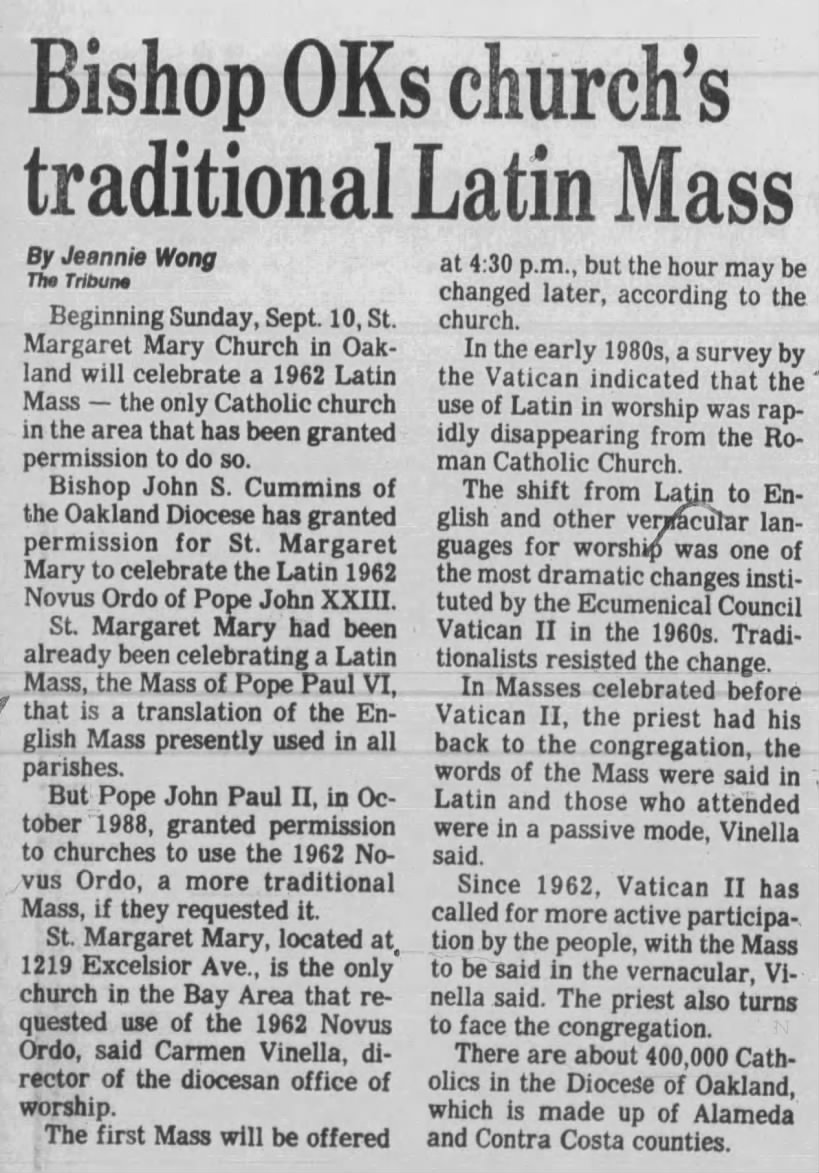 OK for St. Margaret Mary to use traditional mass