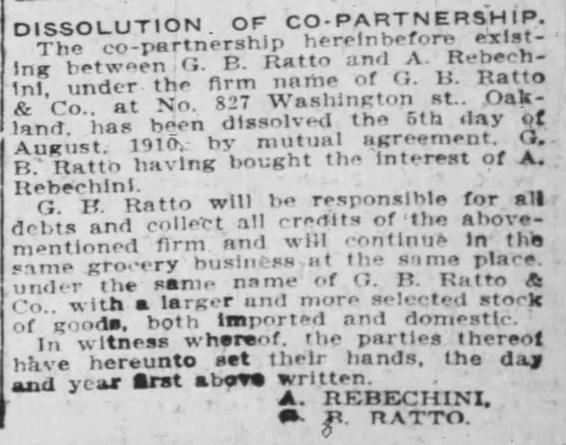 G.B. Ratto and A. Rebechini dissolve partnership