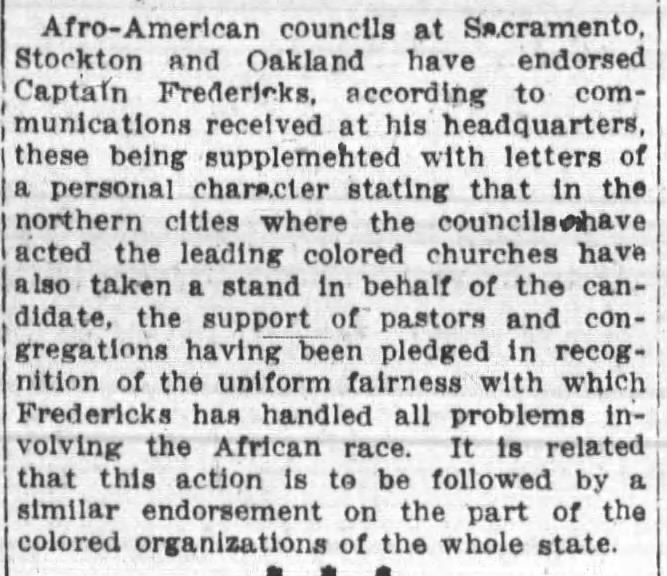 Afro-American Council -- Sacramento, Stockton, and Oakland endorse Captain Fredericks.