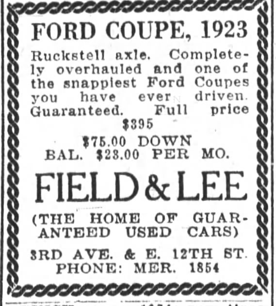 Field and Lee -- used cars at 3rd Ave. and E12th