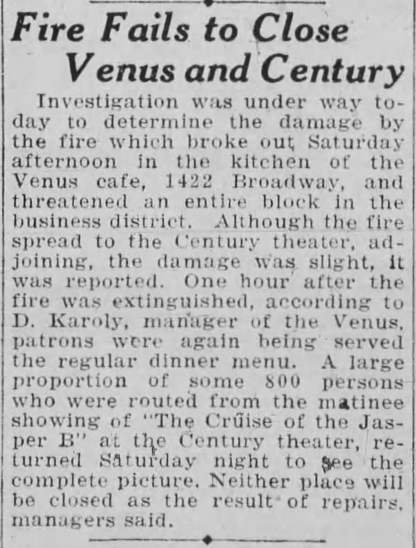 Venus Cafe and Century not closed by fire