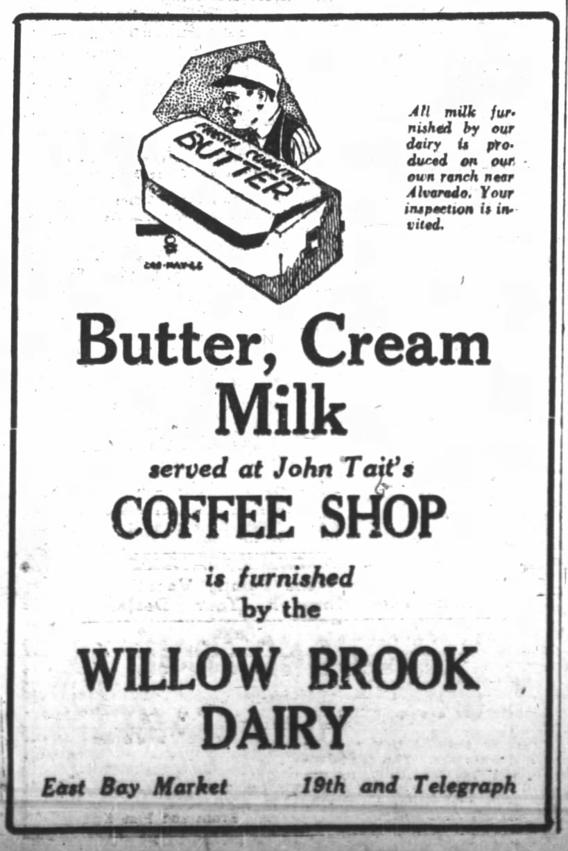 Willow Brook Dairy -- provides butter, cream, milk for John Tait's Coffee Shop