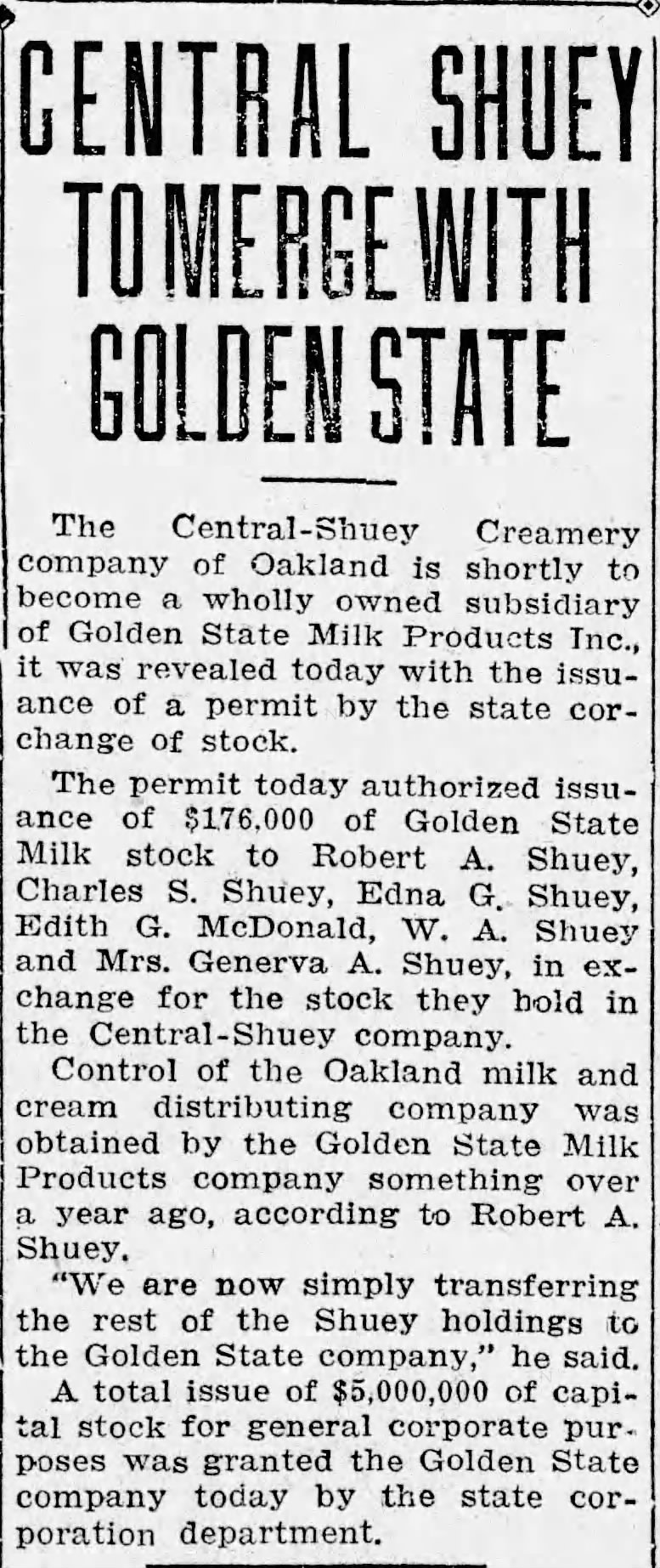 Central-Shuey Creamery to become part of Golden State Milk Products