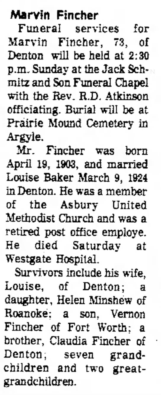 Marvin Fincher 1903-1977 Obituary