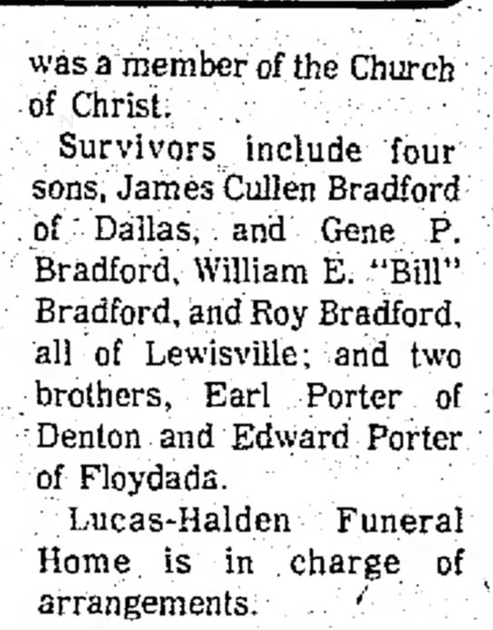 Lona Porter Bradford 1897-1975 Obituary Part 2
