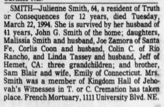 Julienne Blair Smith - obituary