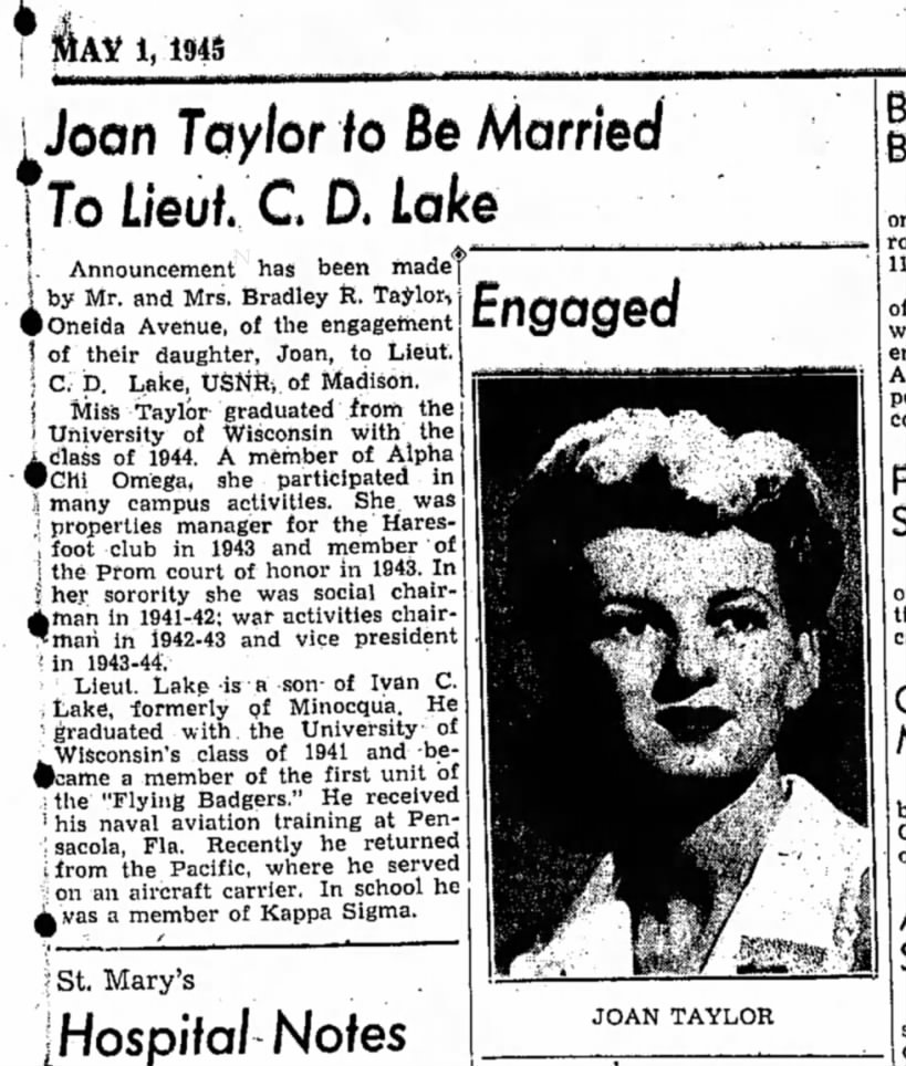 Joan and Icy engagement announcement - RDNews 5-1-45