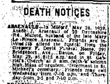 Arsenault Azade Death Notice 28 May 1959 Bridgeport Post
