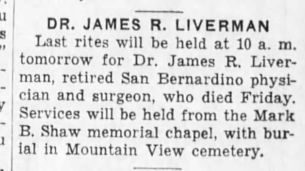 19 mar 1934 funeral announcement Dr J R Liverman