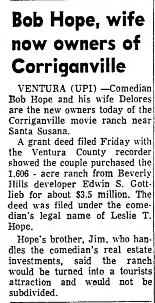 Bob Hope Purchases Corriganville Movie Ranch 1965-04-05