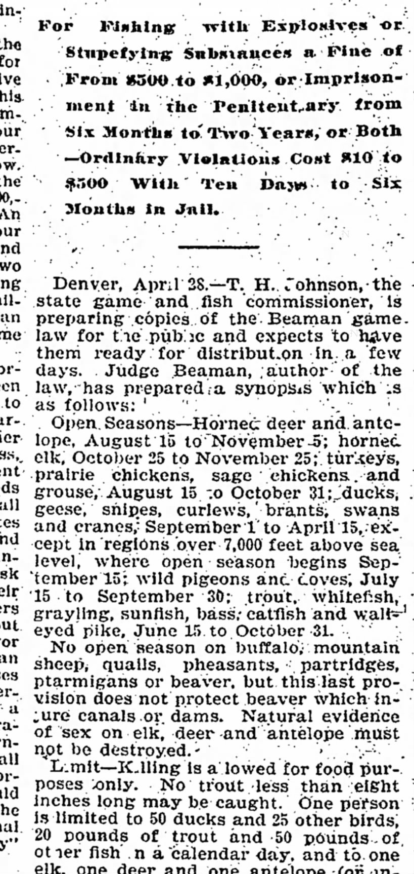 Colorado grayling 1899 fishing regs
