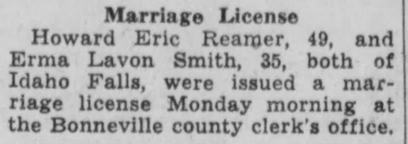 Howard Reamer marriage to Erma Smith 1949