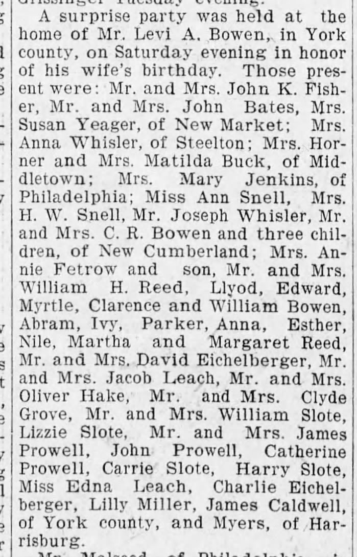 Martha Whistler Bowen Surprise party
8/24/1905