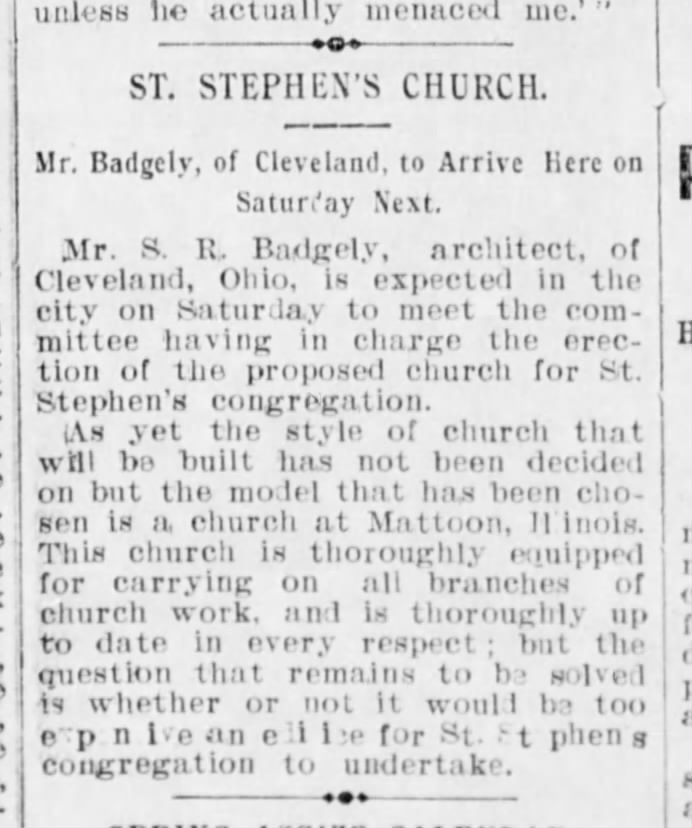 S. R. Badgely (Cleveland) re: St. Stephen's Church, Winnipeg