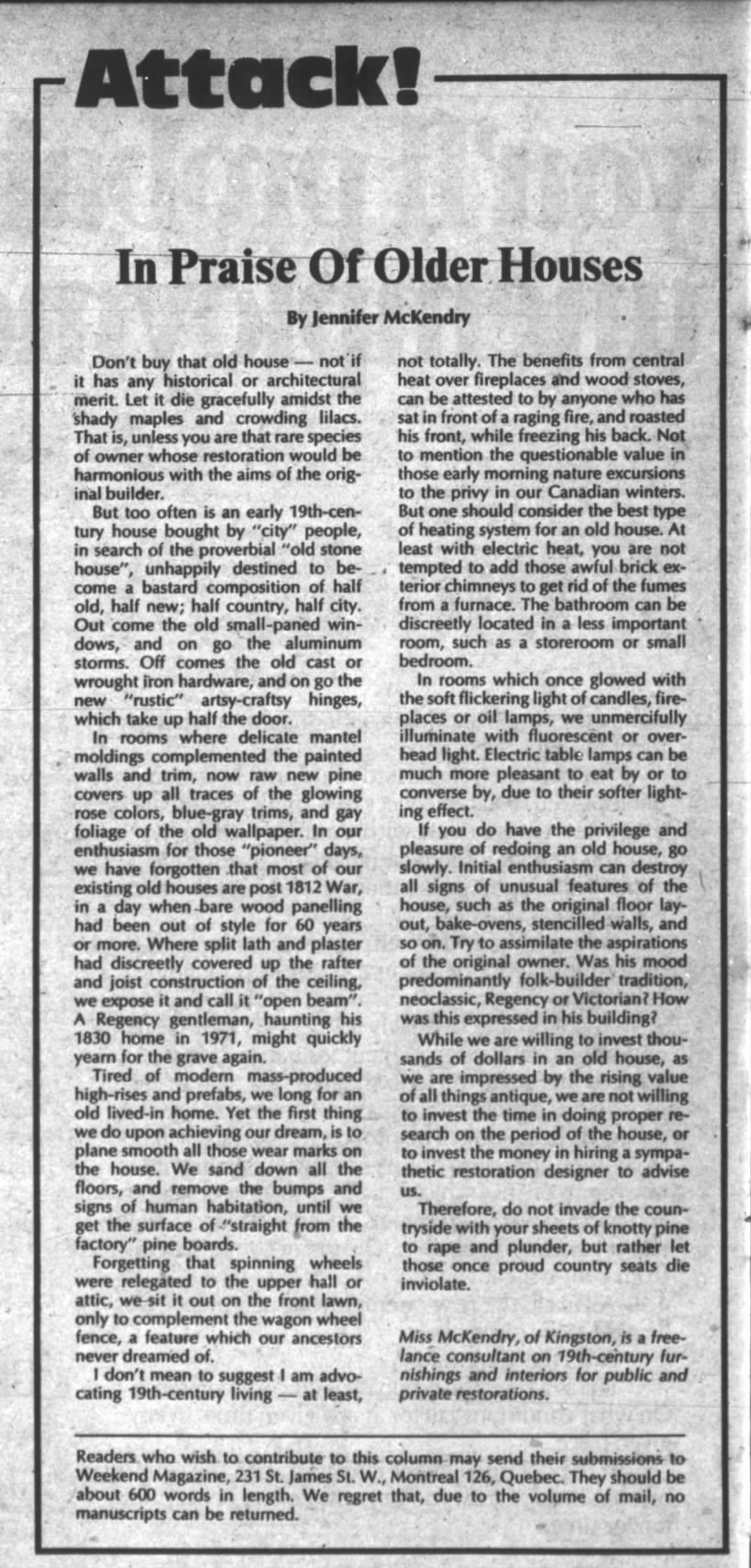 Jennifer McKendry's article - In Praise of Older Homes, 20 Nov 1971