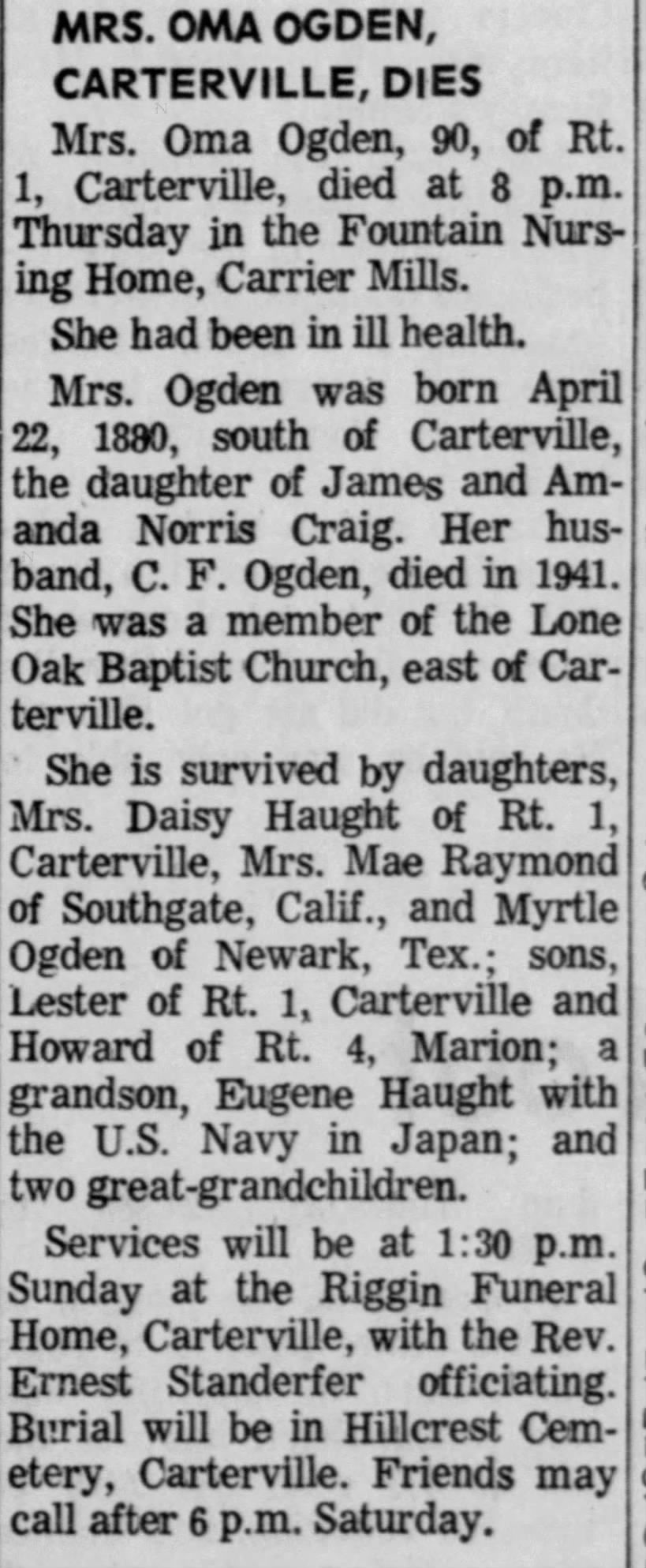 Obituary for Oma Craig Ogden