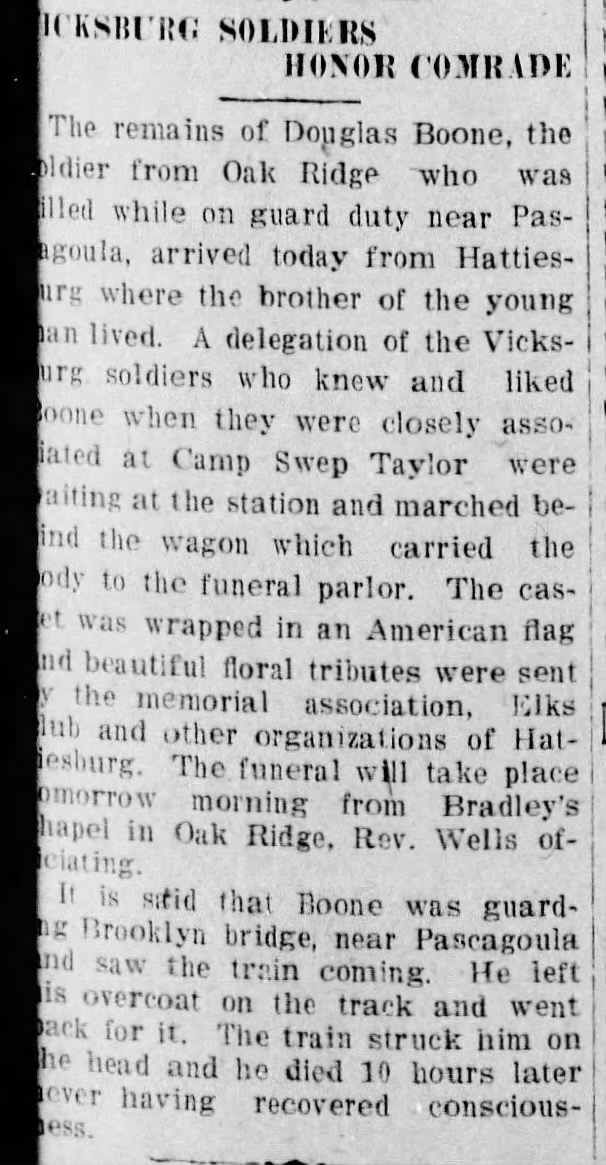 Douglas Boone death 12 April 1917, Vicksburg Evening Post