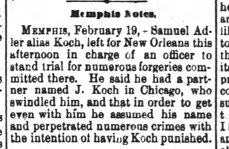 1878-02-20 Adler, Sam tries to punish Koch