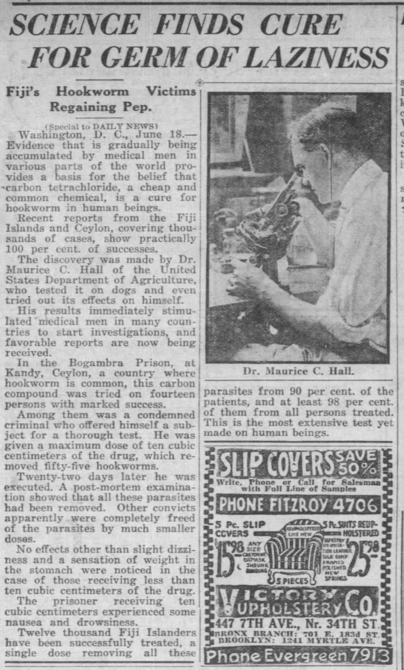 Maurice Hall finds hookworm cure 1922